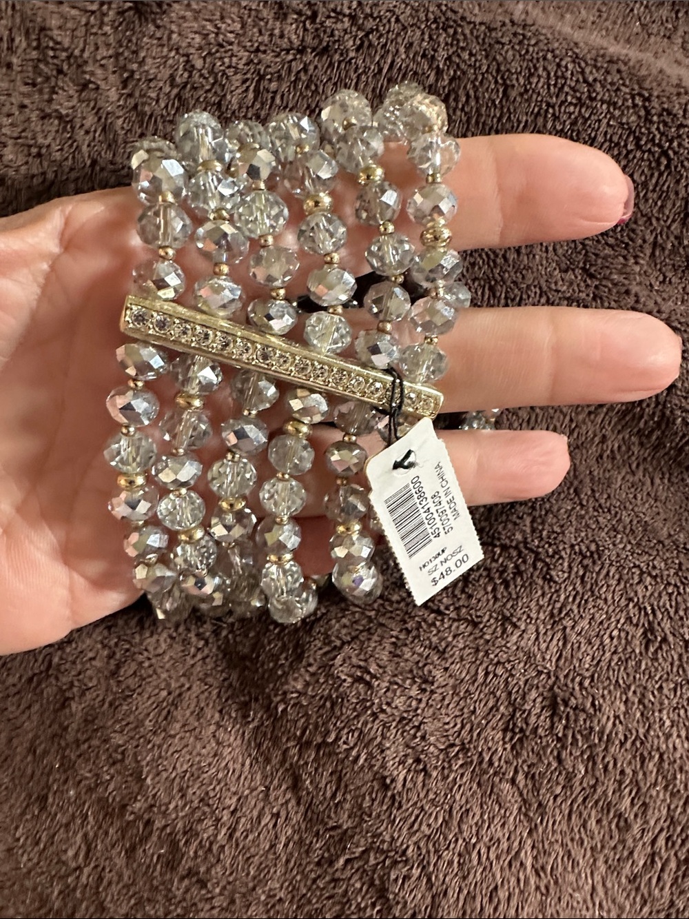 White House Black Market Clear Crystal Multi-Row Stretch Bracelet with Gold Bar